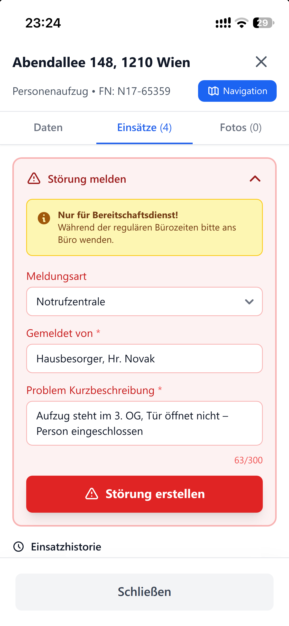 Störung vor Ort selbst anlegen: Anlage, Meldungsart und Problembeschreibung